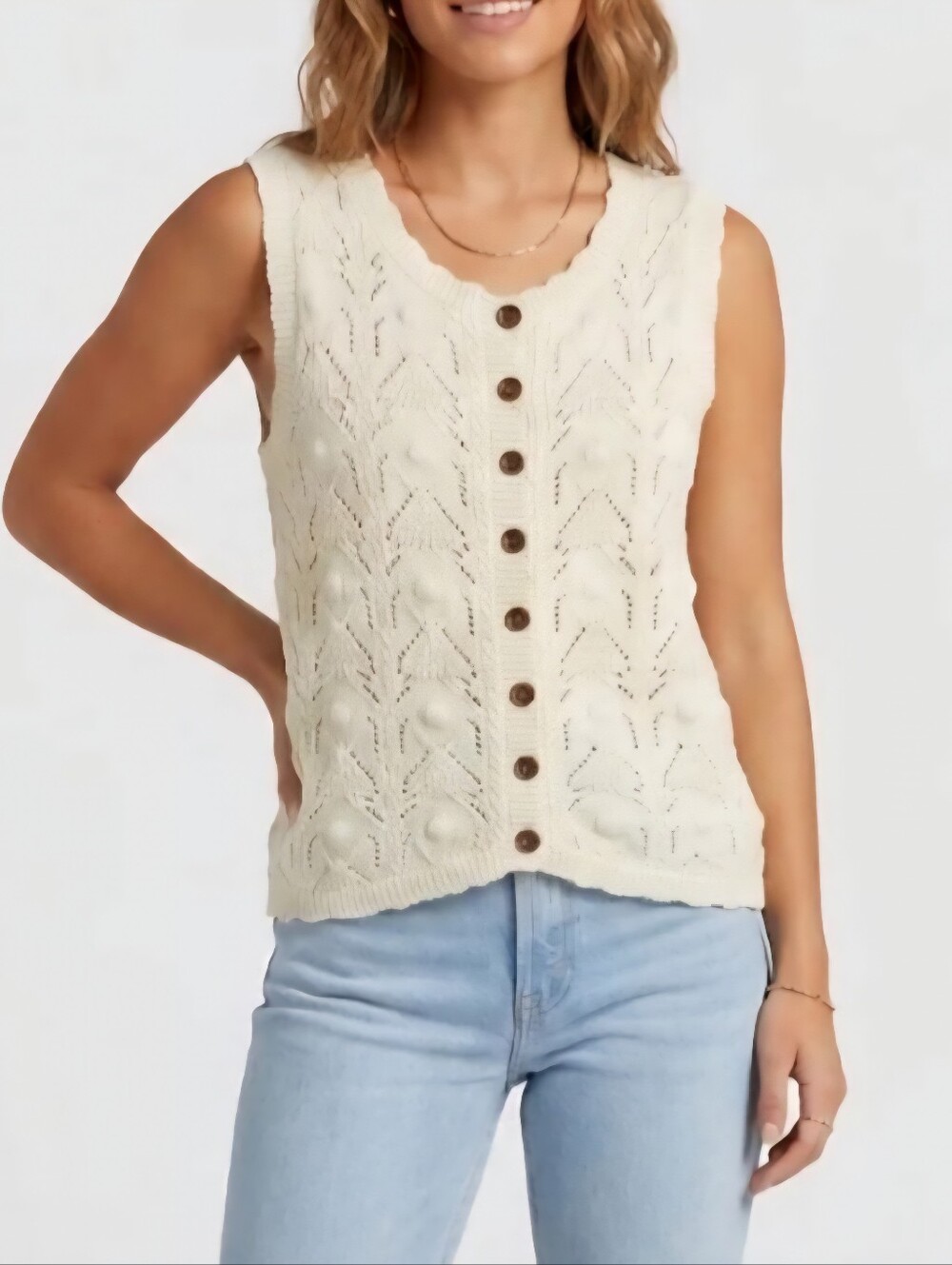 Crocheted Vest Button-Front in Cream Women's Sleeveless Cotton New